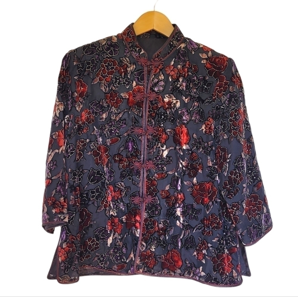 Vintage Velvet Floral and Sparkle Chinese Style Lined Jacket
